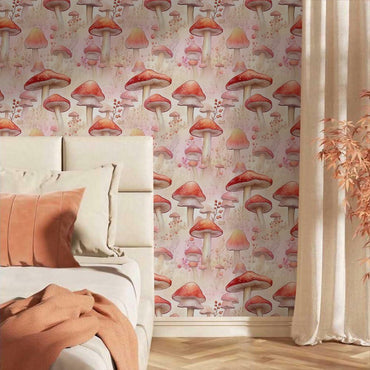 BEETAL Pink Watercolor Mushroom Forest Vintage Peel & Stick Wallpaper PVC