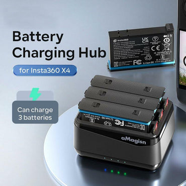 GAEKOL Insta360 X4 3-Slot Battery Charging Hub USB-C Cable Black