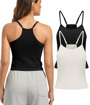 OVESPORT 2Pack Workout Tank Tops Women Built-in Bras Seamless Black+White XL