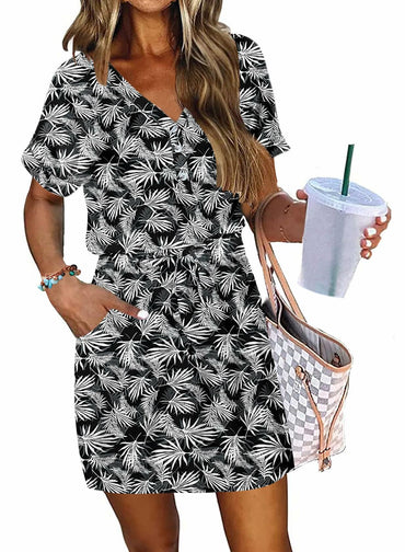 AUSELILY Womens Summer Dress V Neck Tie Button Pockets Rainforest Leaf Size XL