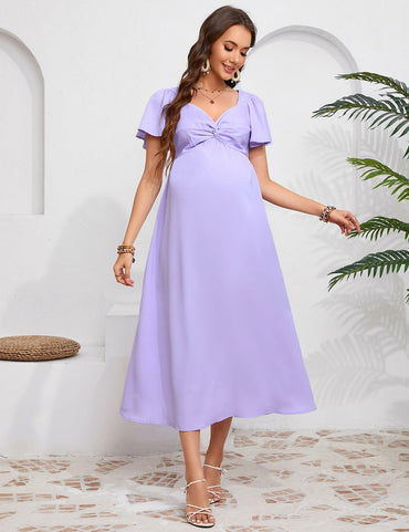 KOJOOIN Maternity Dress Ruffle V Neck Twist Front Purple Size M