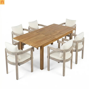 7 Piece Acacia Wood Outdoor Dining Set Expandable Cream Cushion