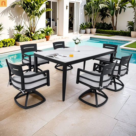 7 Piece Outdoor Dining Set Aluminum Sintered Stone Black