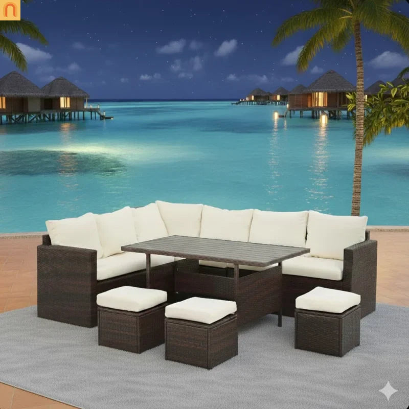 Outdoor Dining Set PE Rattan Steel Beige 7 Piece Modular Seats 9