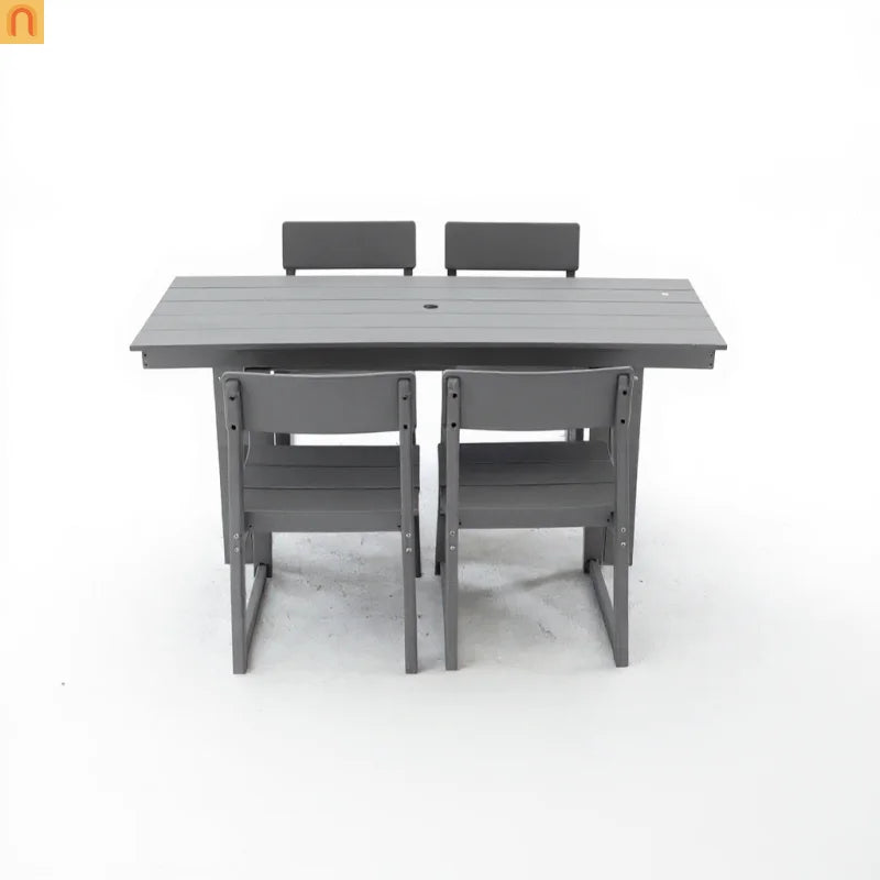 Outdoor Dining Set HDPE Gray Rectangular Umbrella Hole 5 Piece Seats 4