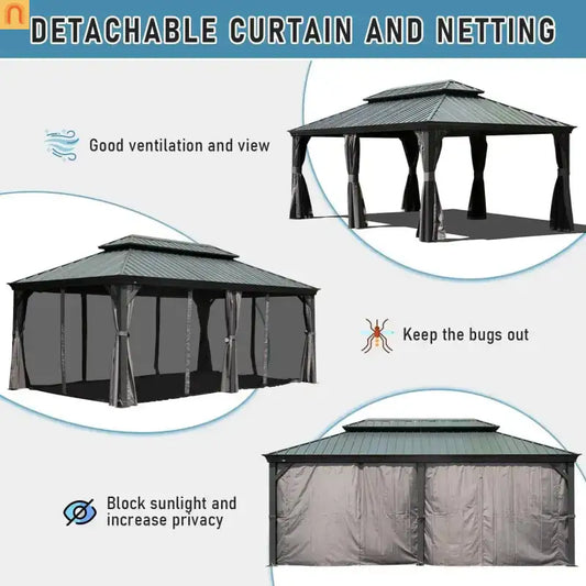 Hardtop Gazebo Aluminum Gray 14x22ft Galvanized Steel with Curtains