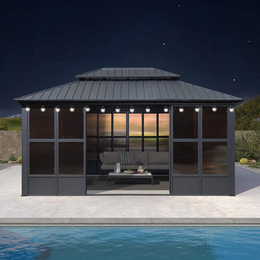 Alora Vista Outdoor Hardtop Aluminum Solarium With Double Roof And LED Lights (SAK42086)