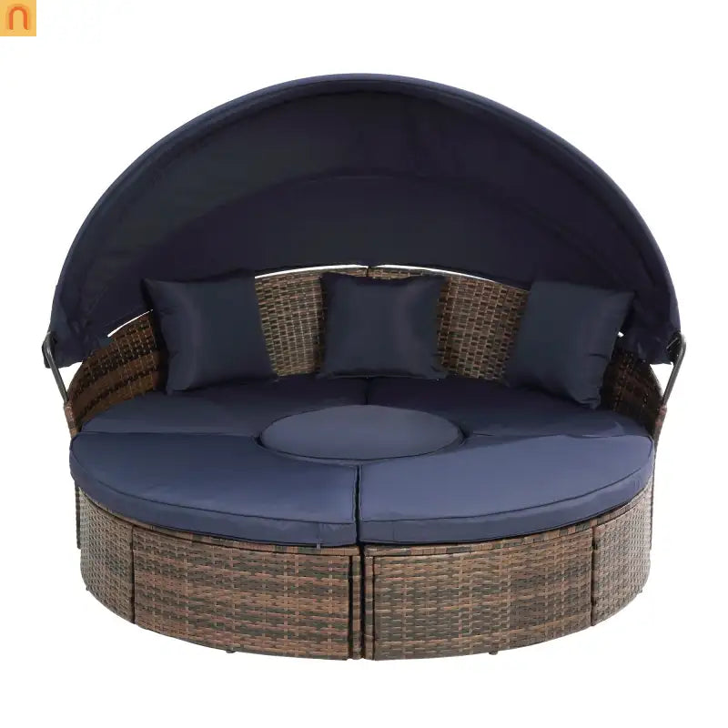 Outdoor Round Rattan Daybed Canopy Clamshell Navy Blue