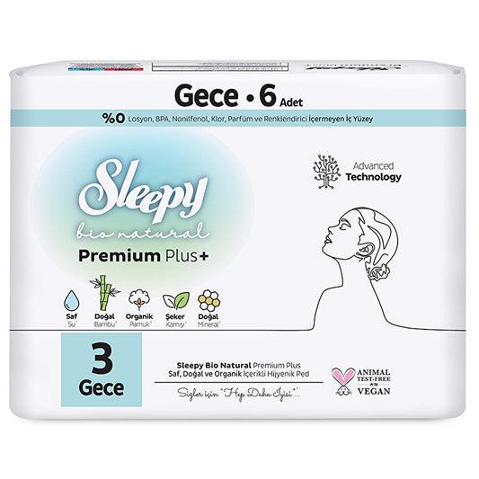 Sleepy Bio Natural: Organic Cotton Nighttime Pads - Sustainable, Hypoallergenic Feminine Hygiene for Women - 6 Count