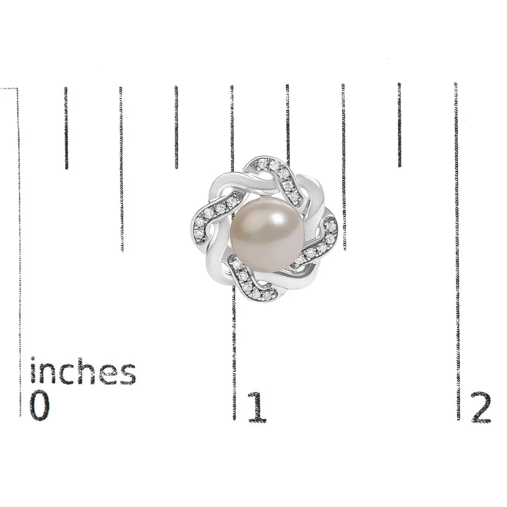 Pearl & Diamond Floral Twist Stud Earrings in Sterling Silver – 0.10 Cttw