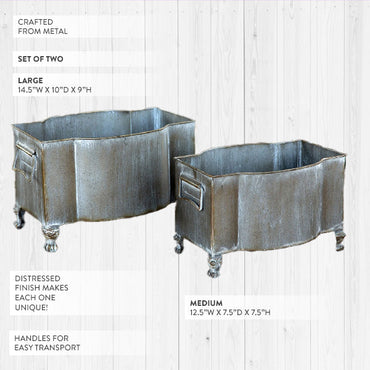 Aged Metal Footed Planters, Set of Two