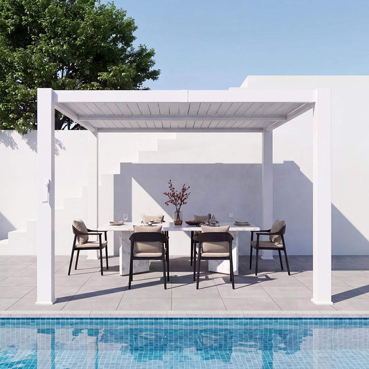 Alora Premium White Outdoor Metal Louvered Pergola With Drainage System (SAK87265)