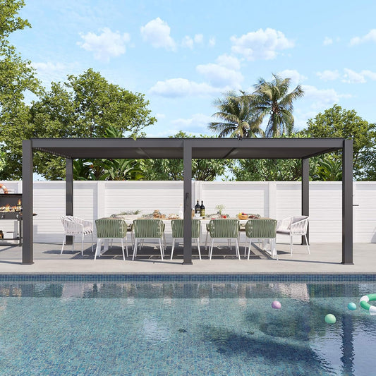 Alora Premium Gray Outdoor Metal Pergola With Louvered Roof And Drainage System (SAK76143)