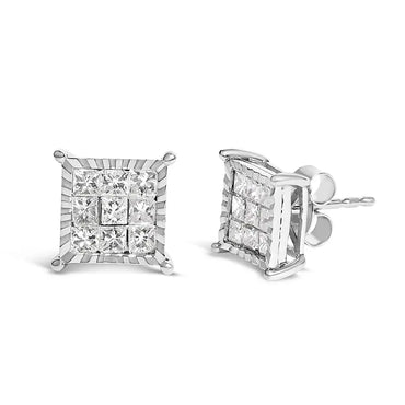 Princess Diamond Square Stud Earrings in Sterling Silver – 1 Cttw