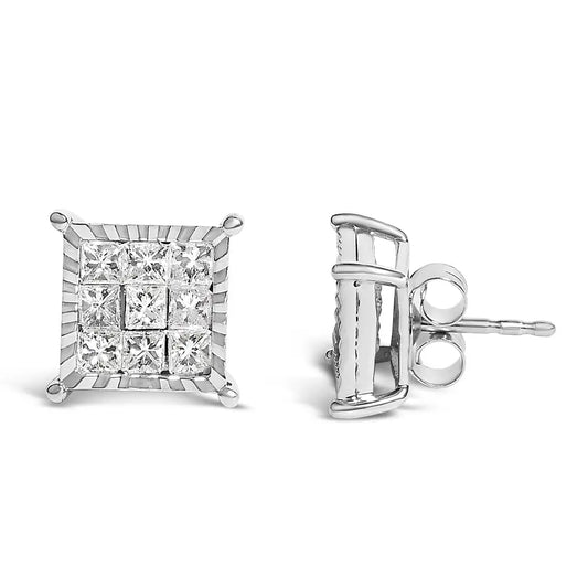 Princess Diamond Square Stud Earrings in Sterling Silver – 1 Cttw