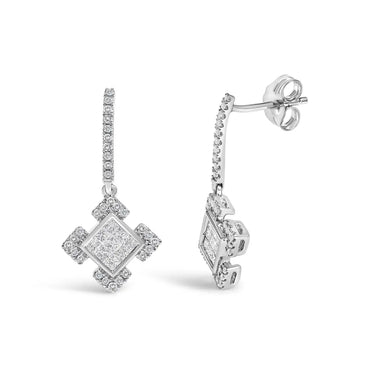 Princess & Round Diamond Geometric Dangle Earrings in 10K White Gold – 1/2 Cttw