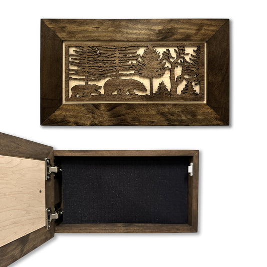 Wood Gun Cabinet Bears In The Woods Wall Decoration - Hidden Gun Safe To Securely Store Your Gun In Plain Sigh