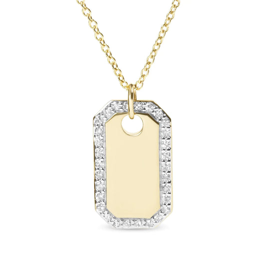 14K Yellow Gold 1/4 Cttw Diamond Halo Octagonal Dog Tag Pendant 18" Necklace (I-J Color, I2-I3 Clarity)