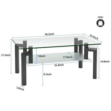 Rectangular Tempered Metal Tube Leg Living Room Glass Coffee Table