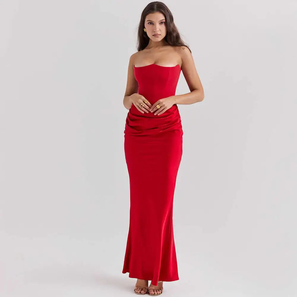 Red Satin Long Dress Sexy Fashion Bandeau Mermaid Gown