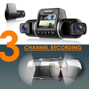 RexingUSA V2 PRO AI Dash Cam 3-Channel Front/Cabin/Rear (Refurbished)