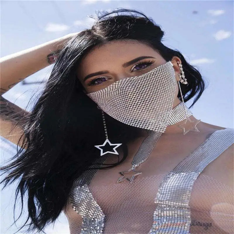 Rhinestone Metal Flash Mesh Face Mask