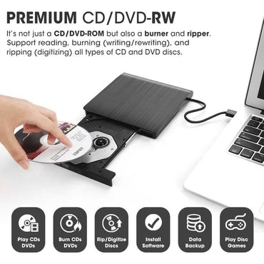 ROOFULL External CD DVD Drive USB 3.0 CD-Burner Premium Portable CD-ROM DVD+/-RW Optical Disc Drive Player Reader Rewriter (Refurbished)