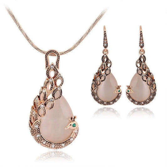 Rose Gold Rose Pink Jade Peacock Jewelry Set