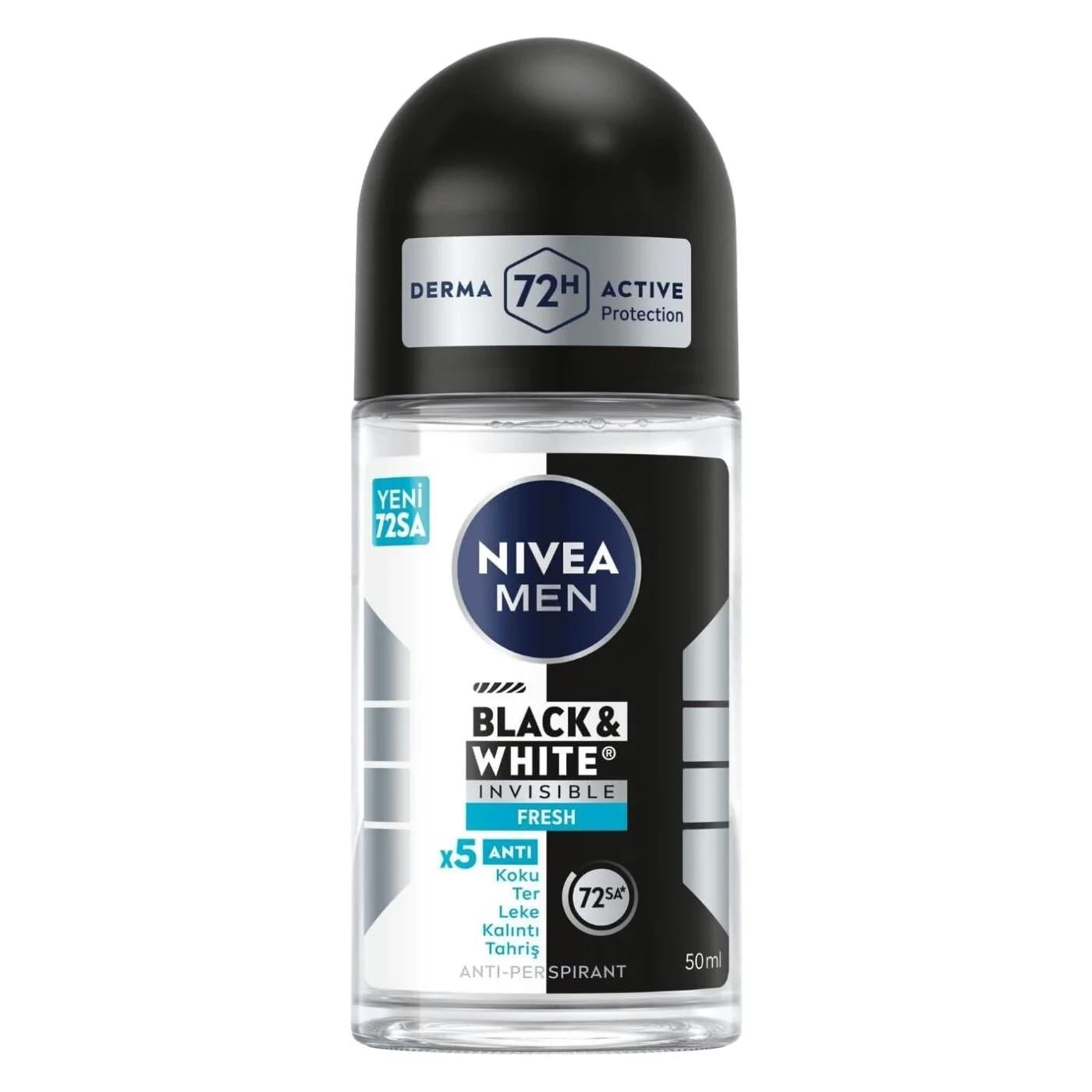 Nivea Men Invisible Black & White Fresh Roll-On Deodorant: 48H Anti-Stain Protection & Long-Lasting Freshness