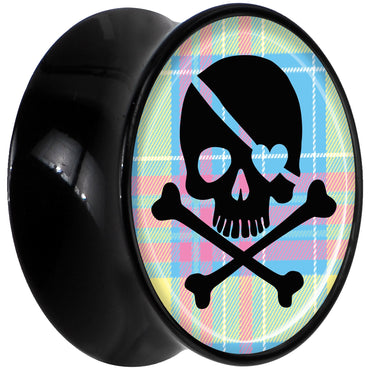 Black Acrylic Pink Green Plaid Heart Skull Saddle Plug Set 9/16