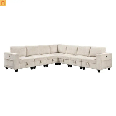 Sectional Sofa Modular Corduroy Beige 7-Seat Storage USB 112in