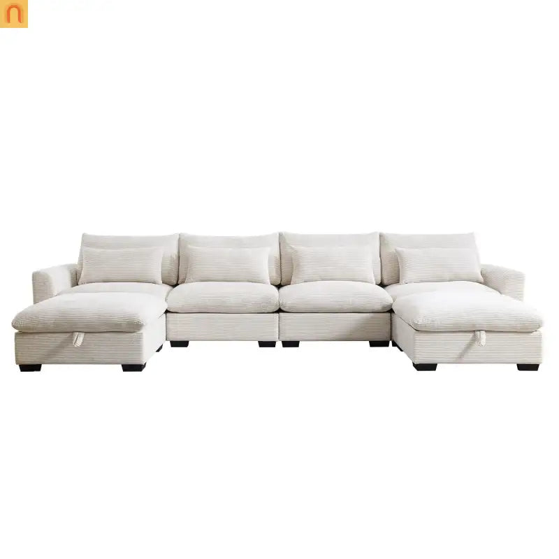 Sectional Sofa U-Shape Corduroy Beige 4-Seat Storage