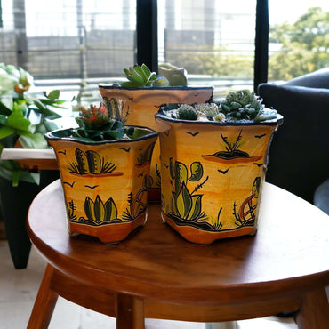 Set of 3 Vibrant Talavera Planters | Desert Landscape Pottery