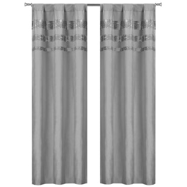 Set of 2: Velvet Metallic Stripe Border Blackout Window Curtain Pair Panel