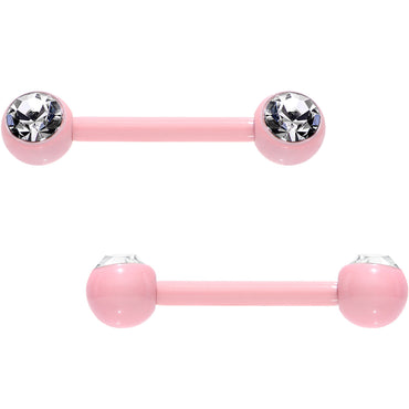 14G 1/2 Clear Gem Pink Ceramic Steel Barbell Nipple Ring Set
