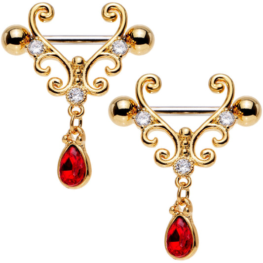 9/16 Red CZ Gem Gold Tone Fancy Filigree Dangle Nipple Shield Set