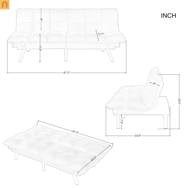 Mattress Foam 2-Seat Sofa Bed Corduroy Black Adjustable 67in
