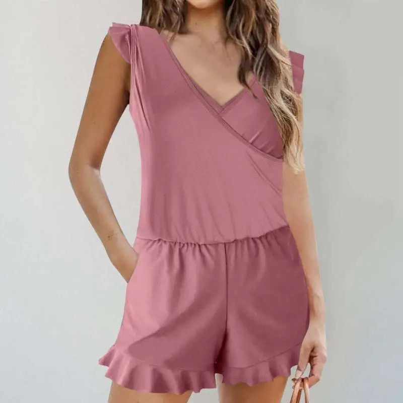 Solid Color Printing Bikini Ruffled Romper Swimwear