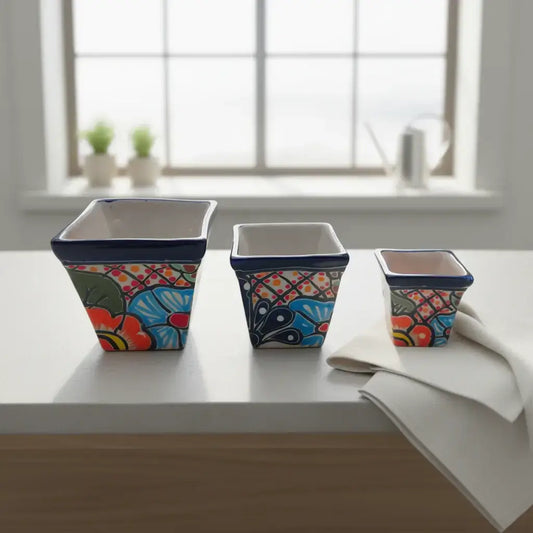 Mini Square Talavera Planter Set | Colorful Mexican Pots