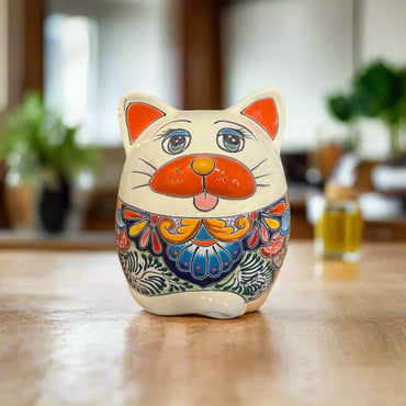 Talavera Cat Planter | Handmade Fat Cat Ceramic Pot