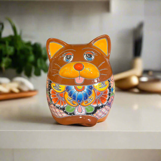 Talavera Cat Planter | Handmade Fat Cat Ceramic Pot