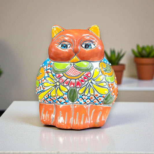 Colorful Talavera Cat Planter | Mexican Ceramic Art