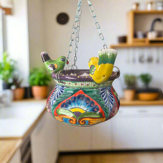 Small Talavera Hanging Planter with Birds | Handmade Ceramic Pot