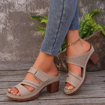 Tan Leather Summer Casual Chunky Heel Sandals