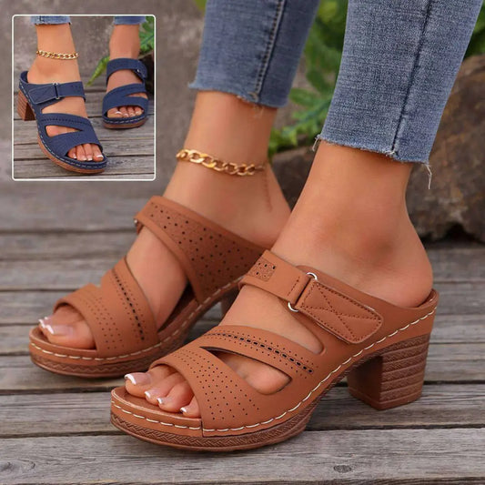 Tan Leather Summer Casual Chunky Heel Sandals
