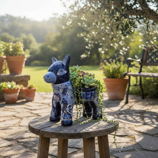 Blue Talavera Donkey Planter | Handmade Mexican Pottery