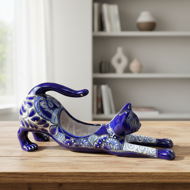 Blue Talavera Stretching Cat Planter | Mexican Folk Art Decor