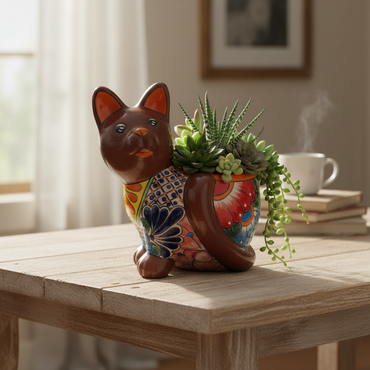 Handmade Cat Planter | Hand-Painted Cat Talavera Artwork