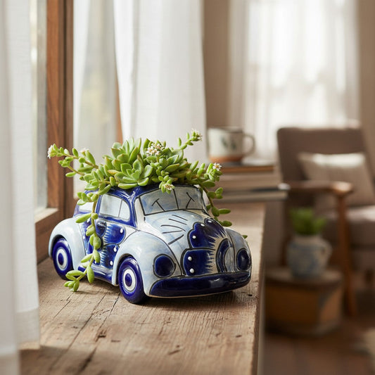 Small Talavera Car Planter | Blue & White Handmade Ceramic Pot