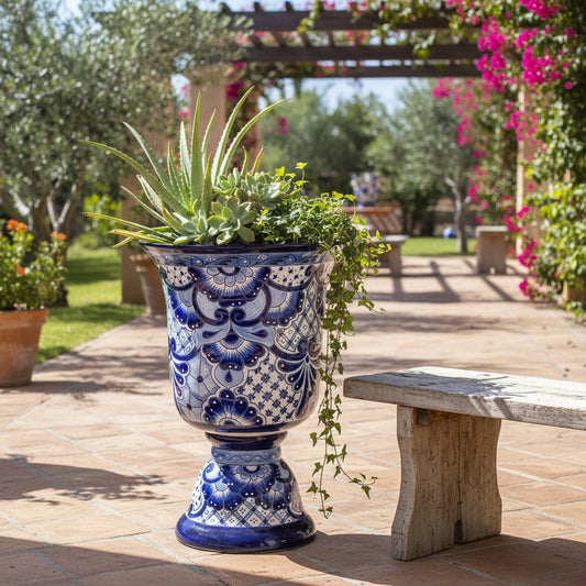 Extra Large Talavera Planter | Hand-Painted Blue Pedestal Flower Pot